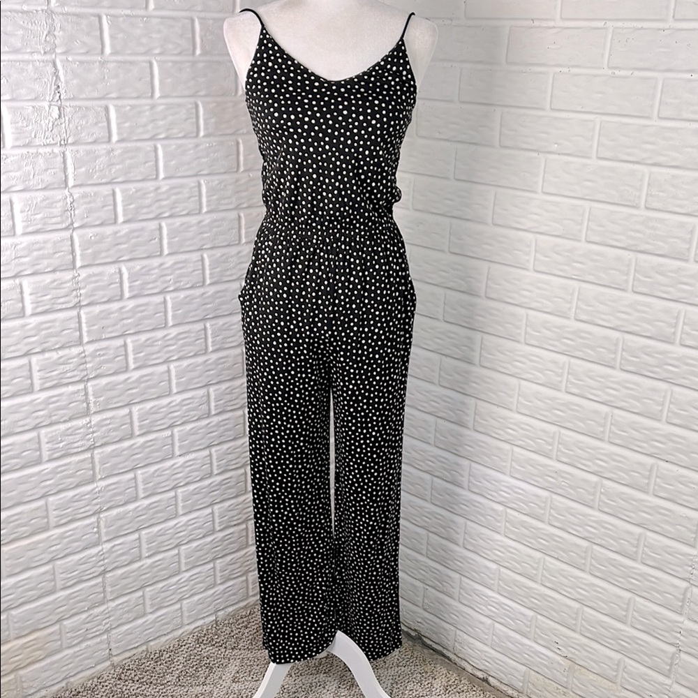 H&M JUMPSUIT POLKA DOT BLACK AND WHITE SPAGHETTI STRAP POCKETS VISCOSE SZ SMALL
